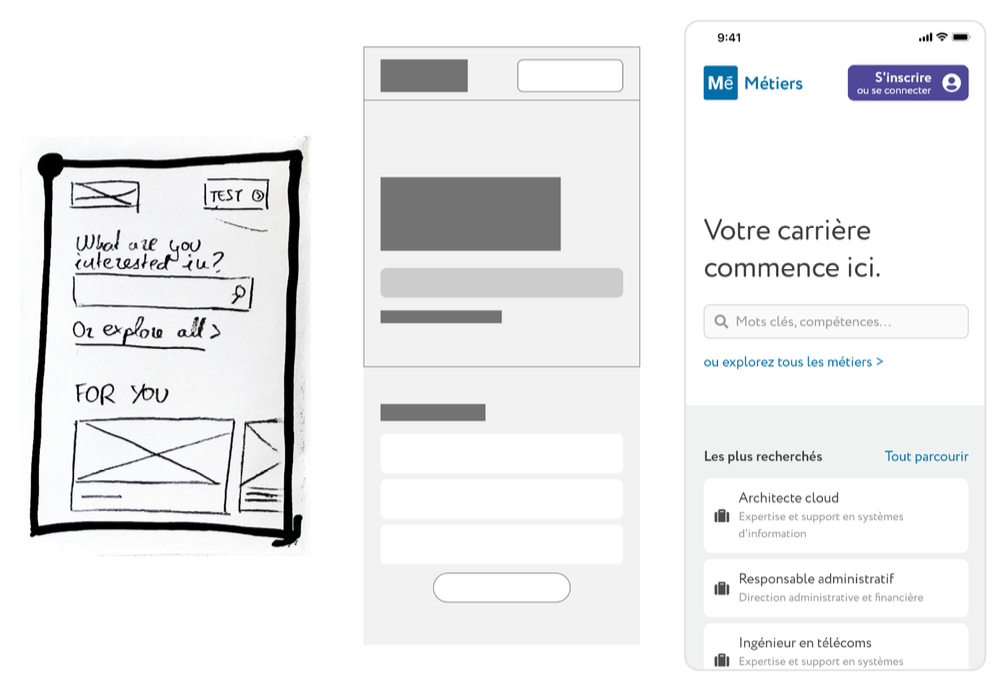 Design process for a screen, representing Crazy 8's sketches, wireframes, and final design