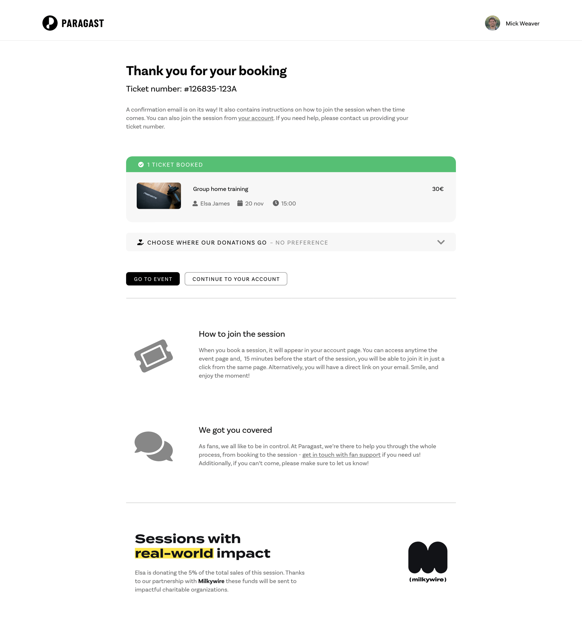 Page of an event booked on Paragast