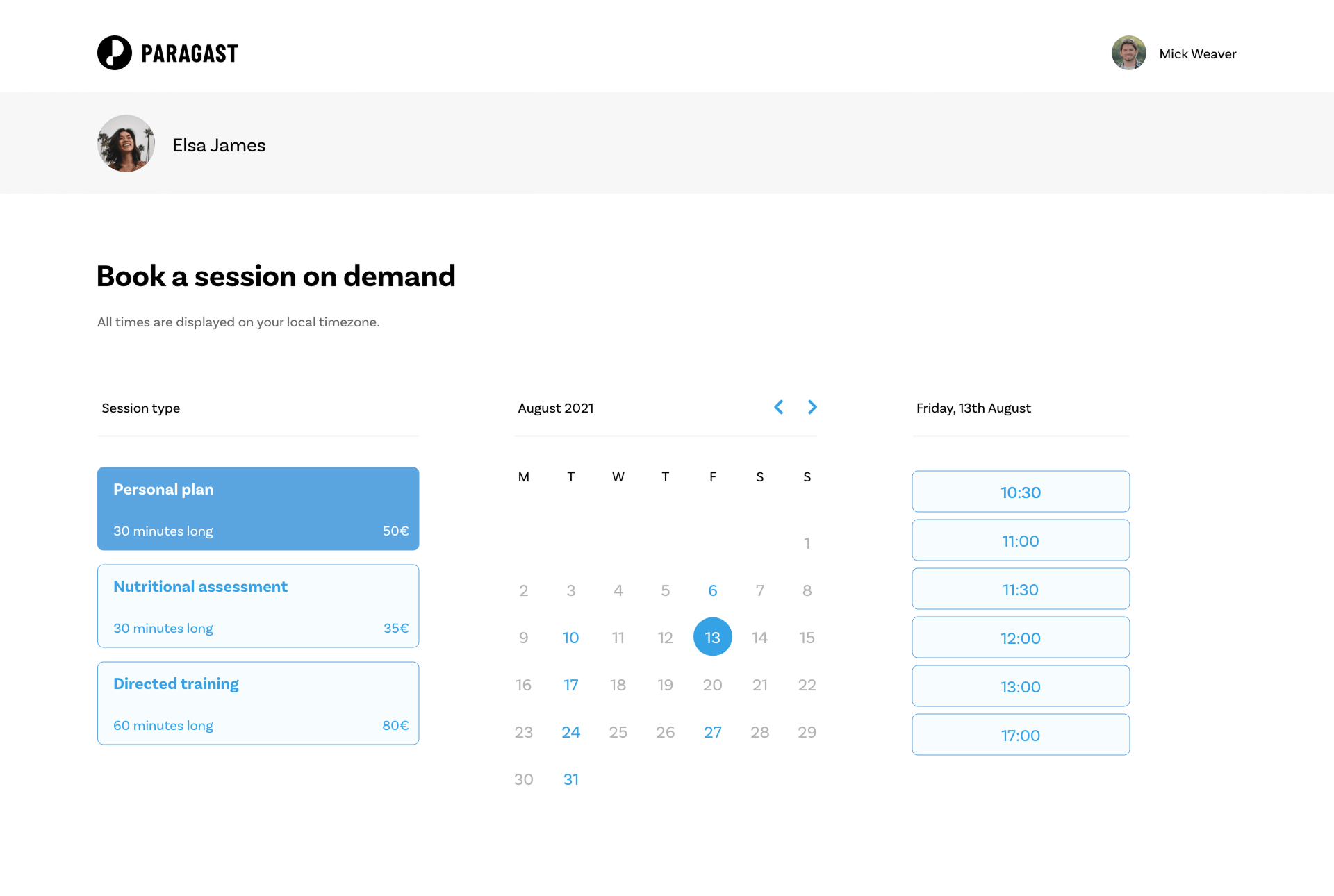 Page of booking on demand on Paragast