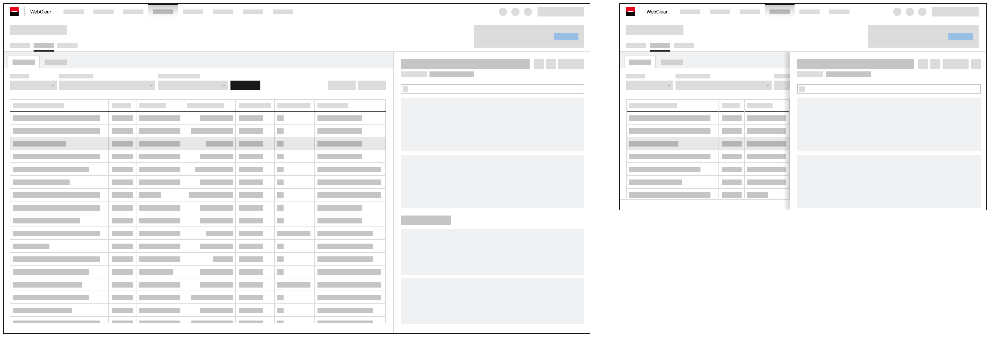 Two screen diagrams showing the responsive behavior of an information-dense page